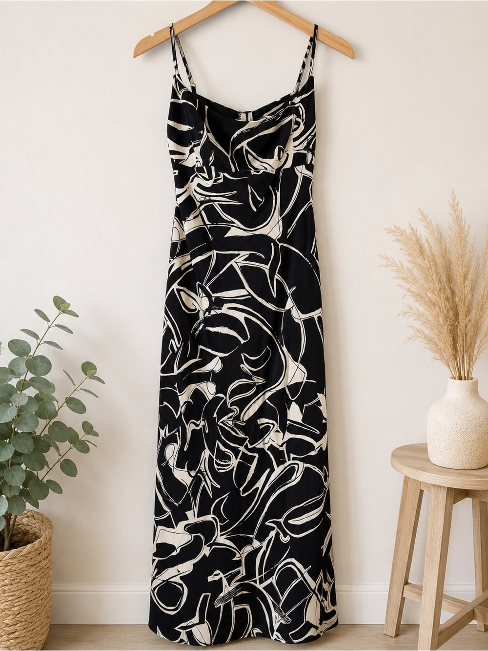 Le Lis NWT Cream Black Abstract Print Cowl Back Maxi Dress Size S